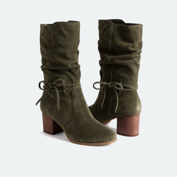 Violet & Red Green Suede Heeled Tall Boots with Box Detail and Mid-Calf Design - Picture 1 of 10